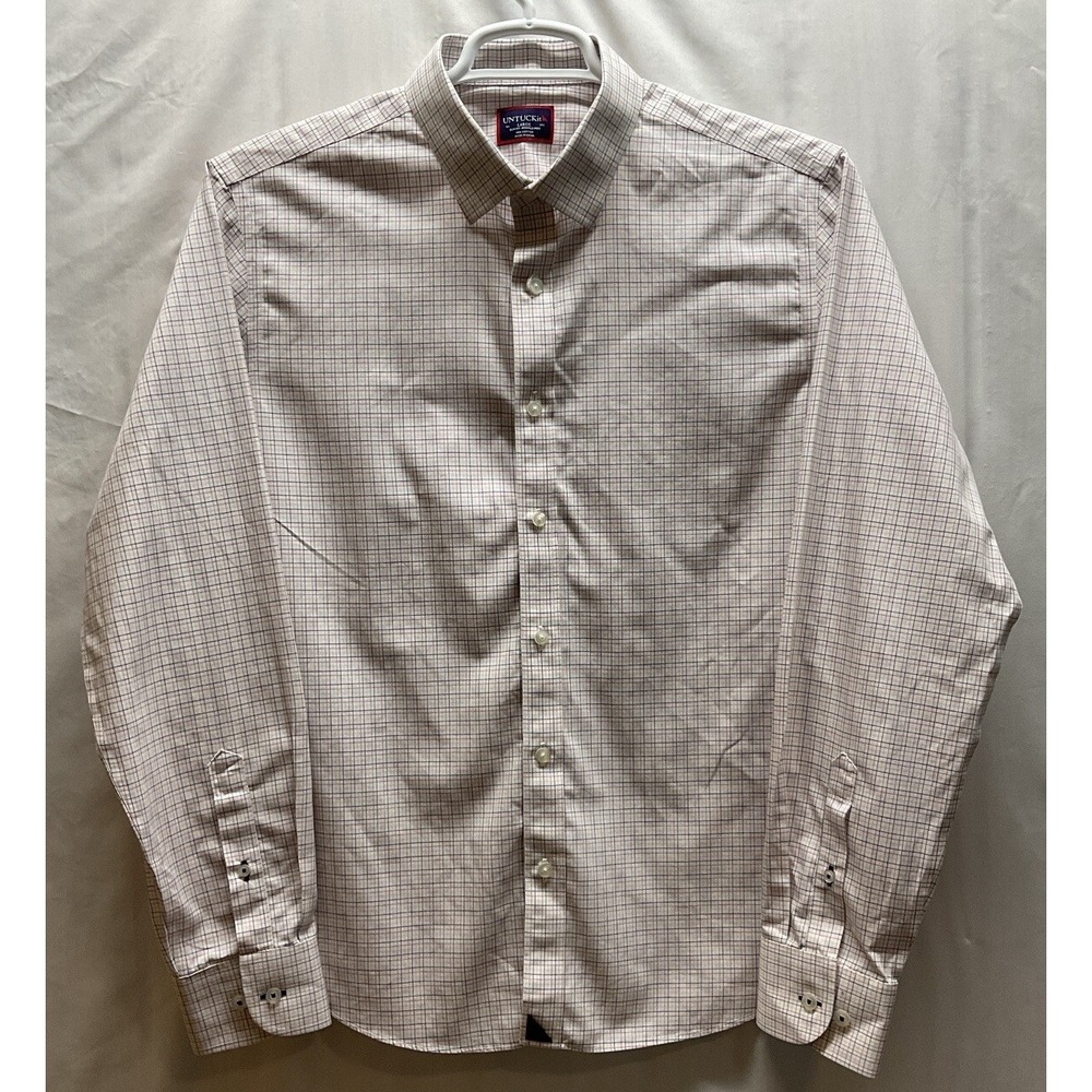 Men's UNTUCKit Long‎ Sleeve Plaid Dress Shirt White Pink Blue Slim Fit Large